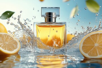 A captivating image of a perfume bottle amidst splashing water, accented by fresh lemon halves and floating leaves, highlighting an energizing citrus essence.