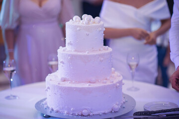 Bride and groom at wedding cutting the wedding cake. wedding cake on wedding banquet. Hands cut the cake