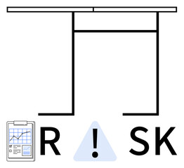 Warning triangle between letters R and SK forming word risk and clipboard with graph. Ideal for finance, safety, project management, insurance, business strategy, decision making, compliance. Line
