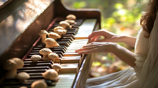 A close-up of a woman in a white gown playing the keys of a grand piano her face softly lit by a single beam of sunlight from a narrow window.