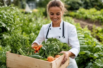 A chef in white attire lovingly gazes at a box of freshly harvested vegetables including herbs, tomatoes, and greens, epitomizing farm freshness and culinary pride.