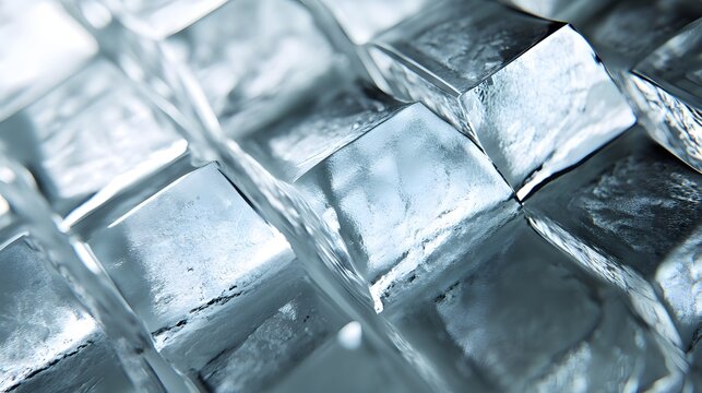A close-up of textured glass blocks with sharp angular patterns under cool white light.