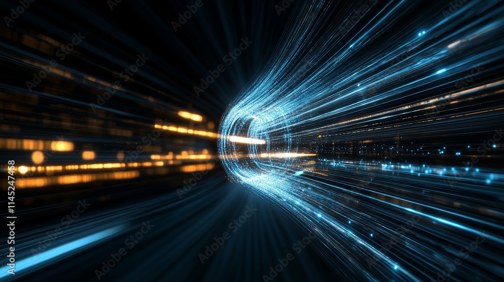Poster dynamic blue light trails creating a sense of speed and motion through a dark tunnel