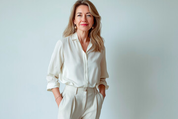 Half-length portrait of a woman in her 50s looking into the camera and wearing a casual blouse and trousers, standing against a solid-colored background