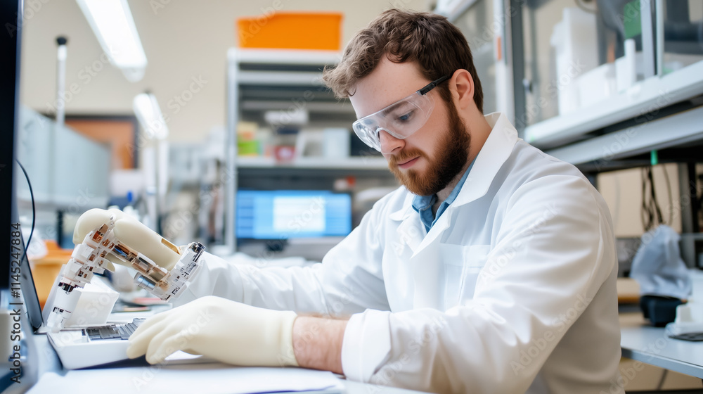 Poster scientist conducting experiments in a laboratory focused on research and development in a scientific