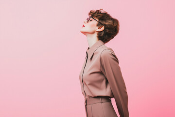 Half-length portrait of a young Caucasian European woman in her 20s posing in profile and wearing a casual style blouse and trousers, standing against a solid light pink background,