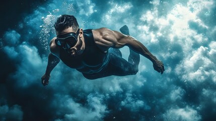 A muscular male in streamlined black scuba gear swimming gracefully through a dense cloud of bioluminescent plankton.