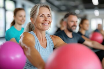 A smiling woman actively enjoys a vibrant group fitness session with colorful exercise balls, showcasing positivity, health, and the spirit of shared dedication.