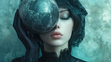 Surreal woman with sphere mask: dreamlike art.