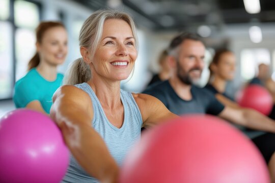 A smiling woman actively enjoys a vibrant group fitness session with colorful exercise balls, showcasing positivity, health, and the spirit of shared dedication.
