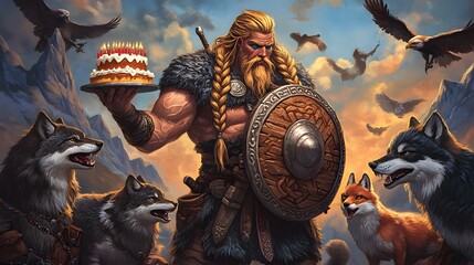 A muscular Viking warrior with long braided hair holding a birthday cake shaped like a shield surrounded by wolves eagles and foxes. Caricature style.