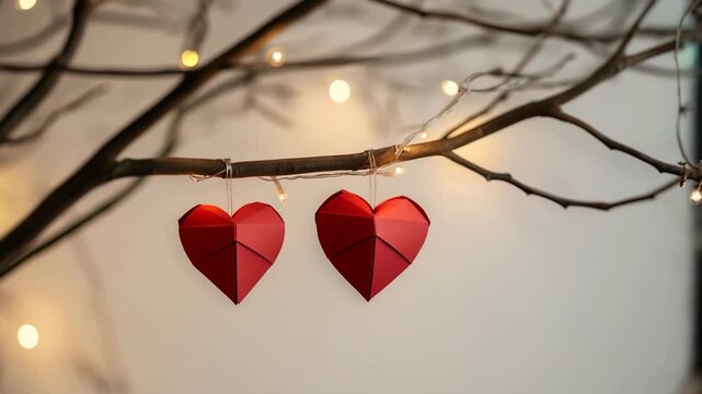 red paper hearts hanging on a string, white background with blurred lights in the background