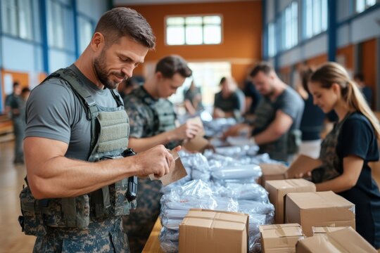 A group of volunteers in military-style attire work together in a large, well-lit community center, organizing supplies and packing boxes for distribution.