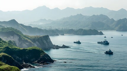 A Navy base coastline with camouflaged outposts radars and small patrol boats navigating nearby waters.