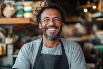 Obraz premium A charismatic market vendor with tousled hair and an engaging grin is wearing an apron amidst a vibrant and colorful market atmosphere filled with varied goods.