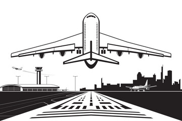 Passenger plane landing on runway at  city airport – vector illustration