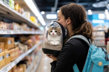 Fototapeta premium This image shows a woman in a pet isle carrying a kitten inside a stylish bag, emphasizing companionship, pet care, and affection in a contemporary shopping setting.