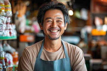 A friendly market vendor with salt-and-pepper hair and a gentle smile is wearing an apron, surrounded by a bustling, colorful market scene with diverse goods.