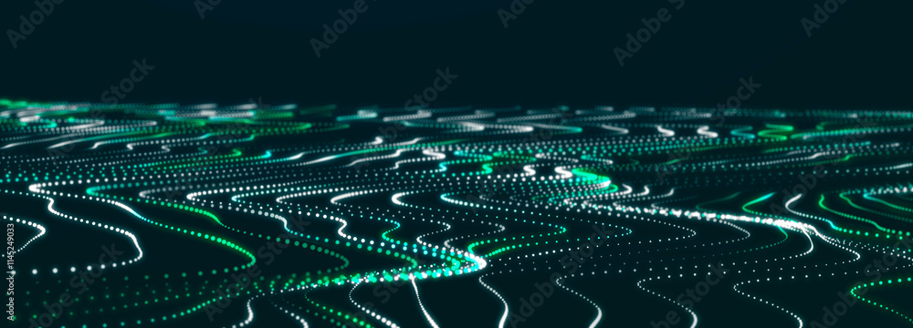 Poster Abstract flow of luminous particles on dark background. Movement of colored dots. Big data. 3D rendering. Widescreen