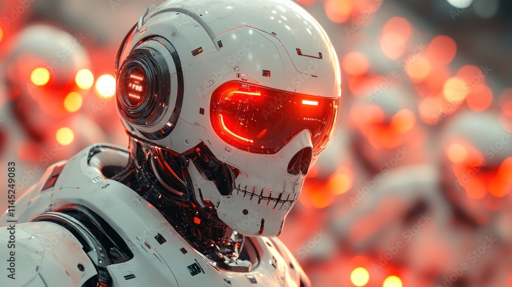 Aufkleber a futuristic robotic figure with glowing red eyes, surrounded by similar robots.