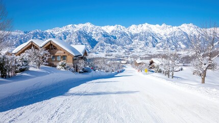 Snowy mountain village road, winter landscape.