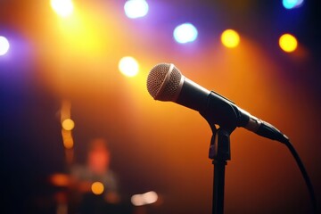 Obraz premium An image of a microphone against a vibrant stage backdrop with colorful lights, capturing the essence of live performances and musical expression.