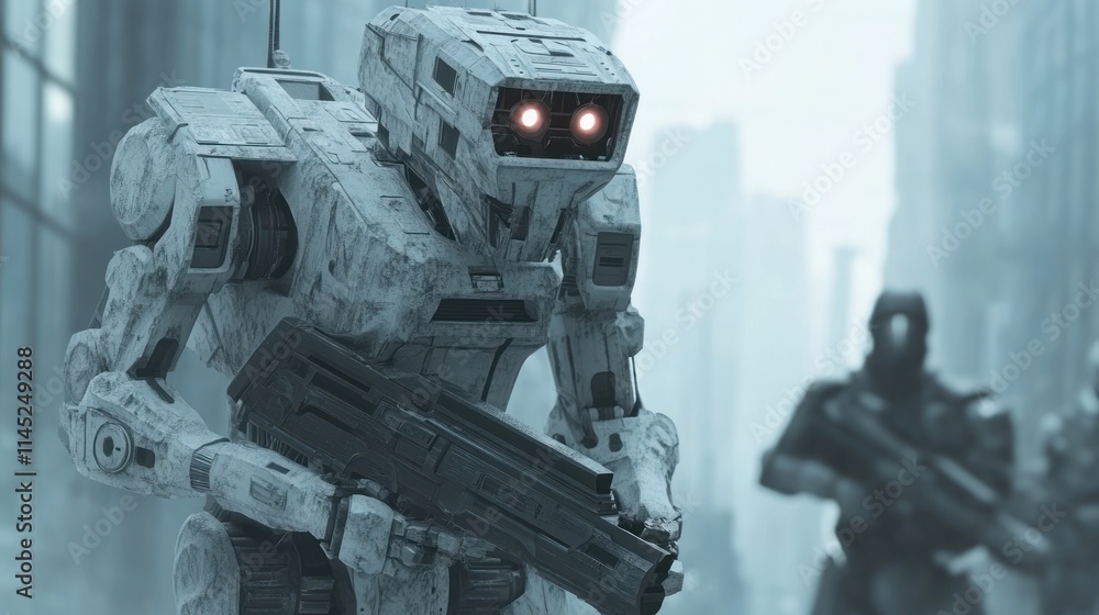 Aufkleber A futuristic scene featuring a robotic figure in a desolate urban environment.
