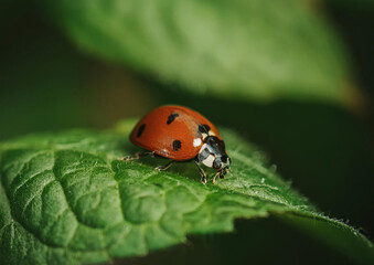 Fototapeta premium Mariquita encima de hojas verdes naturaleza