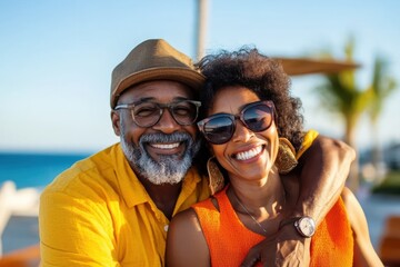 Obraz premium A joyful couple, dressed in vibrant colors, embrace and smile warmly at the camera with a scenic blue seaside backdrop, radiating happiness and companionship.
