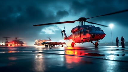 A Navy base medical evacuation zone with helicopters medics and stretchers ready for action.