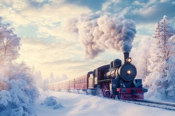 Steam train traveling through snowy landscape at sunset