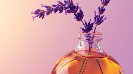 A dramatic close-up of a round glass bottle with copper-infused oil and a suspended lavender stem glowing under soft pink lighting.