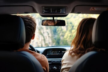 Fototapeta premium Two people, viewed from the backseat, embark on a road adventure, taking in the lush natural vistas through the car windows, showcasing connection and exploration.