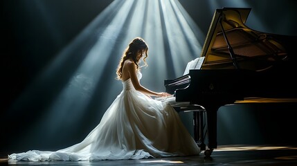 A dramatic image of a woman in a flowing white dress playing a grand piano in a theater with a bold spotlight mimicking a ray from a window.