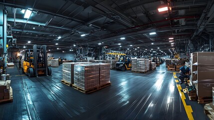 A Navy cargo bay filled with pallets of supplies forklifts in motion and organized logistics personnel at work.