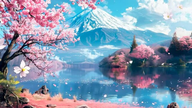 Animation of Mount Fuji taken from far away, the mountain is reflected in the lake and the image is framed by branches of cherry blossom or sakura trees in spring season. Landscapes. Generative Ai.