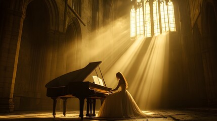 A dramatic scene of a woman in a white dress playing a grand piano under a bold beam of light from a high arched window in a cathedral.