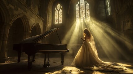 A dramatic scene of a woman in a flowing white gown playing a grand piano with a strong beam of light piercing through a gothic arched window.