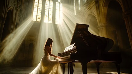 A dramatic scene of a woman in a white dress playing a grand piano under a bold beam of light from a high arched window in a cathedral.