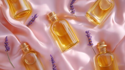 A flat lay arrangement of glass bottles filled with golden oil copper flakes and lavender sprigs placed on a soft pink satin fabric backdrop.