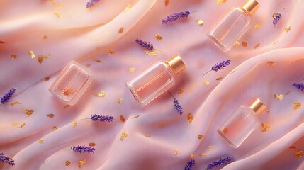 A flat lay of small glass bottles with copper-infused lavender oil scattered lavender petals and golden accents arranged on a warm blush pink fabric.