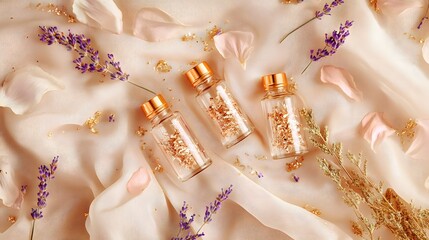 A flat lay of small glass bottles with copper-infused lavender oil scattered lavender petals and golden accents arranged on a warm blush pink fabric.
