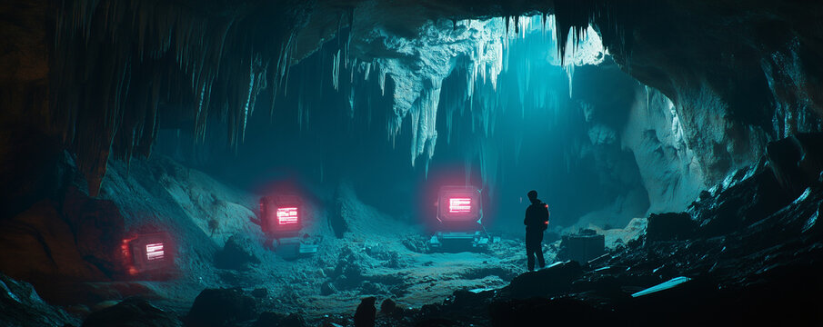 Futuristic underground weapons cache illuminated by surreal lighting in a dramatic cavern environment