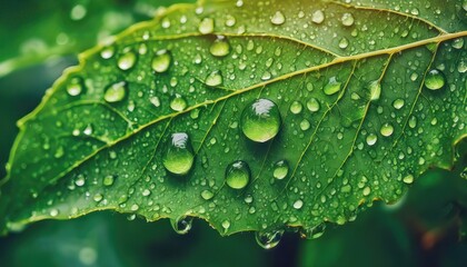 Captivating Water Drops on a Green Leaf An Abstract Background Showcasing Natures Beauty, Freshness, and Juiciness in Every Glimmering Drop