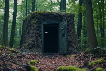 Fototapete Rund Hidden entrance to a high-tech bunker surrounded by lush greenery in a dense forest during cloudy weather © ivlianna