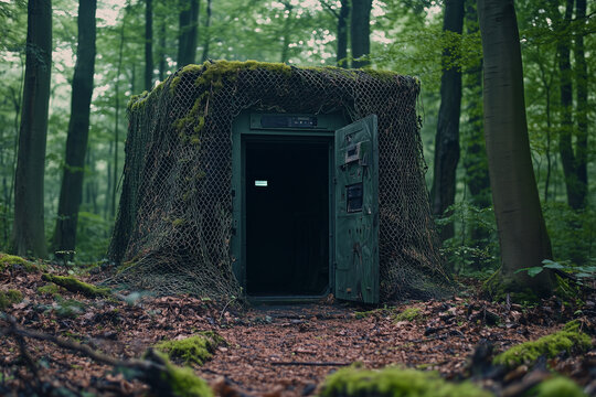 Hidden entrance to a high-tech bunker surrounded by lush greenery in a dense forest during cloudy weather
