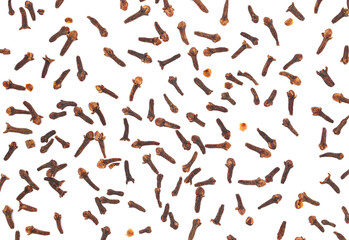 Dry cloves pattern, Syzygium aromaticum, isolated on white, top view	