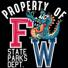 Lizard or crocodile with tattoo style with tongue out surfing on the beaches of California, travel texts, crowded numbers and big waves in textures.