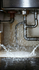 Leaking pipe in the kitchen. Concept of accident, breakthrough, plumbing, services, home maintenance, emergency service, repair, water splash, kitchen sink, malfunction, damage, household problem