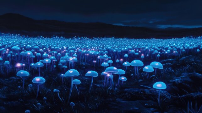 Paisaje de hongos iluminados en la noche